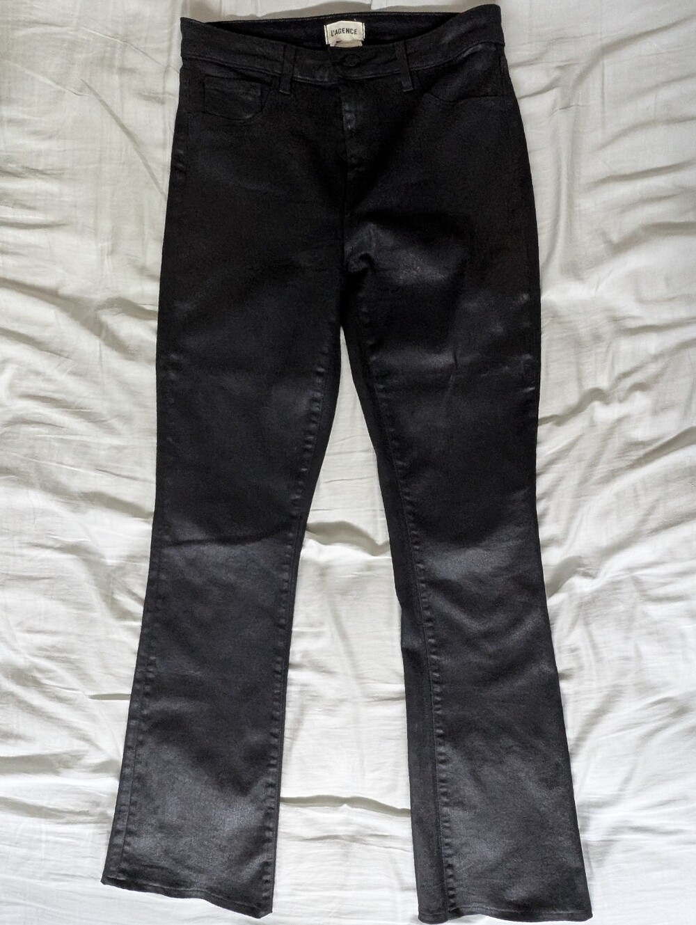 L'Agence Women's Selma High Rise Noir Coated Flare Jeans Black Sz 29 USA Made
